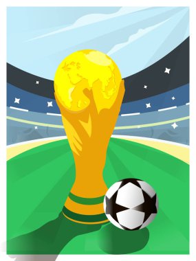 Stadyumda dünya kupası ve bayrağı olan futbol topunun vektör çizimi