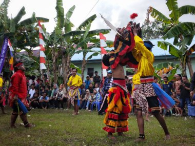 Balikpapan-Endonezya 1 Eylül 2024 Kuda topak topak oyuncusu Kuda: Dansçıların tahta ya da bambu atlara bindiği geleneksel bir Cava sanatı