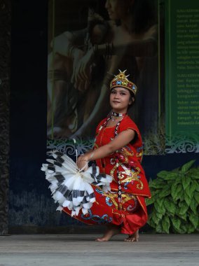 Balikpapan-Doğu Kalimantan Kasım 03.2024 Balikpapan Halk Sanatları Festivali 'nde geleneksel Dayak dansı Borneo Fena kabilesinin bir portresi