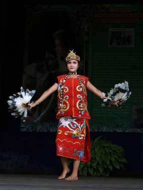 Balikpapan-east Kalimantan November 03,2024 A Portrait of a borneo dayak tribe dancer, Traditional Dayak dance typical of East Kalimantan at Folk Arts Festival at balikpapan clipart