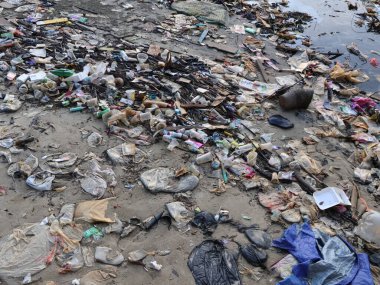 Balikpapan-Doğu Kalimantan Kasım 10.2024 Plastik atık alanı, Melawai plajı balikpapan plajında birçok plastik çöp