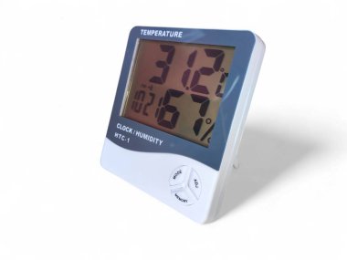 Balikpapan-Indonesia December 11,2024 Digital thermometer. Temperature and humidity indicator. White isolated background,HTC-1