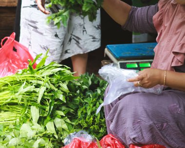 Balikpapan January 04,2025 Asian traditional vegetable market,  the atmosphere of the traditional market bustling with sellers and buyers, fresh vegetable sellers