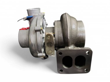 Balikpapan-Endonezya 14 Mart 2025 Turbo şarj aleti (turbo veya turbosuperşarj olarak da bilinir), beyaz üzerine izole edilmiş egzoz gazlarının akışıyla çalışan zorunlu indüksiyon cihazıdır.