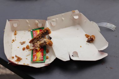 26 Nisan 2025 Balikpapan-Endonezya kızarmış tavuk kemikleri transparant plastik kaşık ve çatal ile birlikte beyaz kağıt tepside. Yiyecek atıkları.