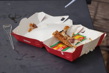 26 Nisan 2025 Balikpapan-Endonezya kızarmış tavuk kemikleri transparant plastik kaşık ve çatal ile birlikte beyaz kağıt tepside. Yiyecek atıkları.