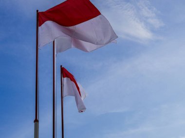 Endonezya bayrağı rüzgâr tarafından dalgalanan bir direkte mavi gökyüzü ve bulutlardan oluşan bir arka planda dalgalanıyor. Ulusal gurur ve bağımsızlığı sembolize ediyor. alçak açı ve arka planda yumuşak gün ışığı.