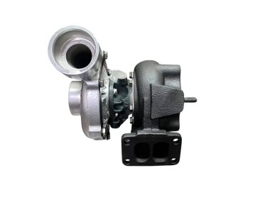 Balikpapan-Endonezya 7 Ağustos 2025 Siyah ve gümüş renkli Turbocharger beyaz arka planda izole edildi.