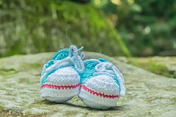 Stock image A pair of tiny crocheted baby shoes sit on a rock in a forest. The booties are white and blue and feature a red stripe around the toe.