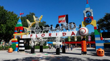 The Legoland Florida theme park main entrance. Designed for families with children ages 2 to 12, the park has more than fifty rides, shows, and attractions clipart