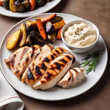 Mükemmel ızgara tavuk göğsü, kızarmış sebzeler ve keskin soslu.