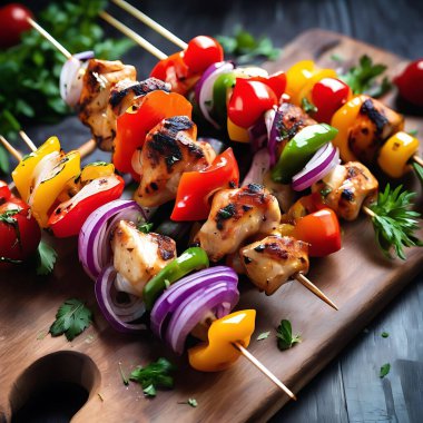 Bell Peppers, soğan ve vişneli domatesli ızgara tavuk şişi.