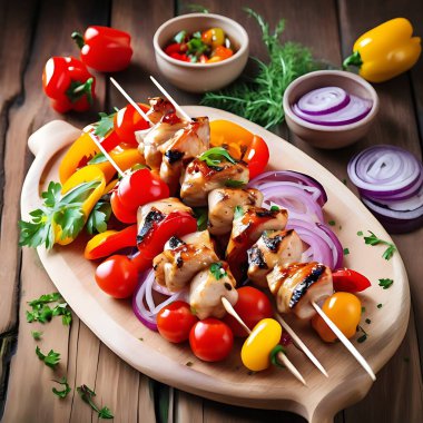 Bell Peppers, soğan ve vişneli domatesli ızgara tavuk şişi.