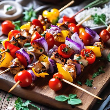 Bell Peppers, soğan ve vişneli domatesli ızgara tavuk şişi.