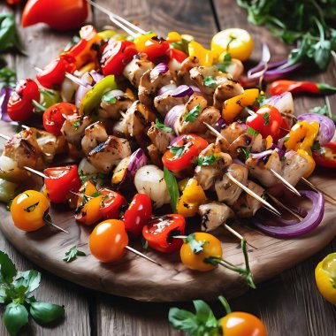 Bell Peppers, soğan ve vişneli domatesli ızgara tavuk şişi.