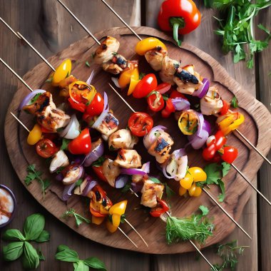 Bell Peppers, soğan ve vişneli domatesli ızgara tavuk şişi.