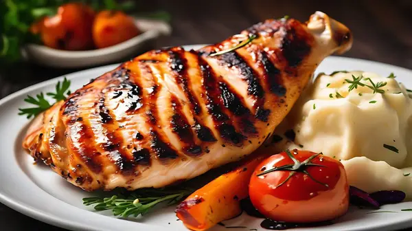 Mükemmel ızgara tavuk göğsü, kızarmış sebzeler ve keskin soslu.