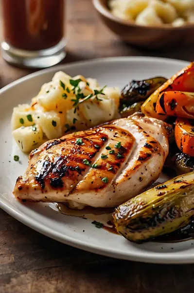 Mükemmel ızgara tavuk göğsü, kızarmış sebzeler ve keskin soslu.