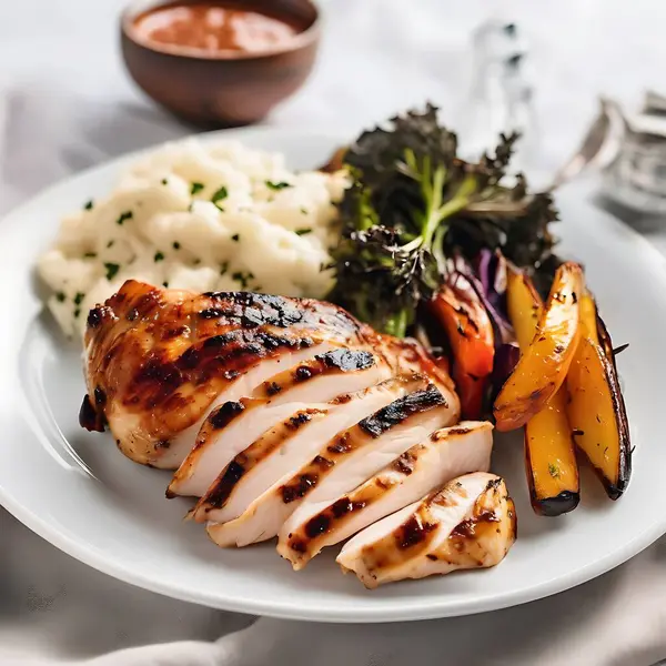 Mükemmel ızgara tavuk göğsü, kızarmış sebzeler ve keskin soslu.