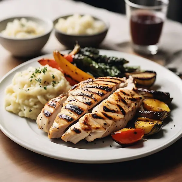 Mükemmel ızgara tavuk göğsü, kızarmış sebzeler ve keskin soslu.