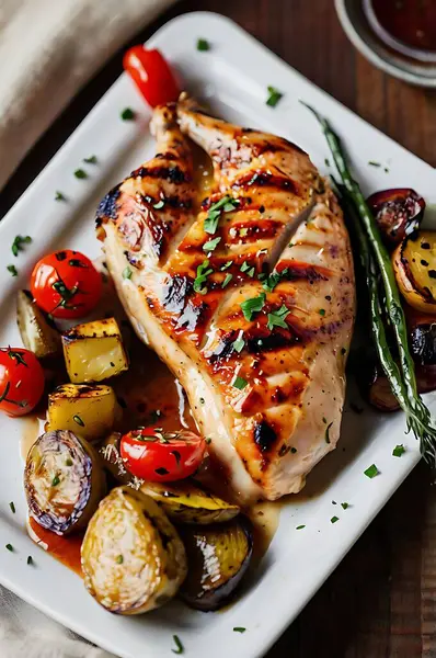 Mükemmel ızgara tavuk göğsü, kızarmış sebzeler ve keskin soslu.