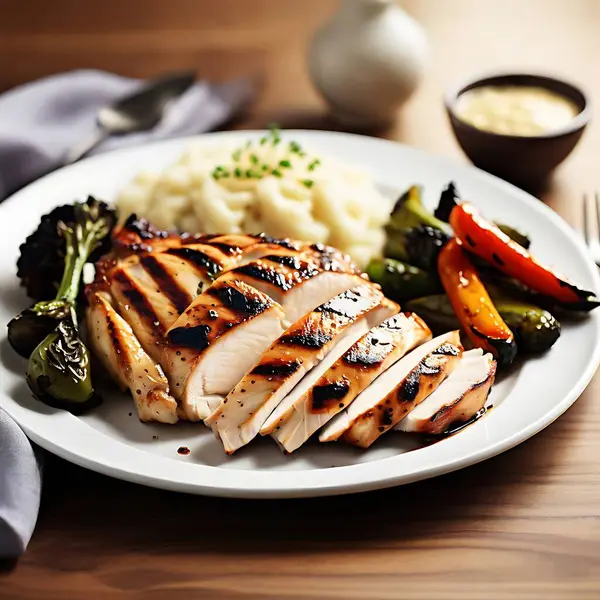 Mükemmel ızgara tavuk göğsü, kızarmış sebzeler ve keskin soslu.