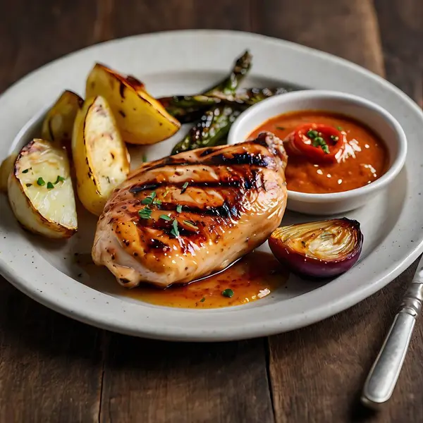 Mükemmel ızgara tavuk göğsü, kızarmış sebzeler ve keskin soslu.