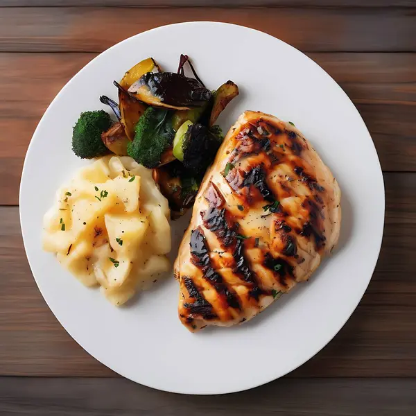Mükemmel ızgara tavuk göğsü, kızarmış sebzeler ve keskin soslu.