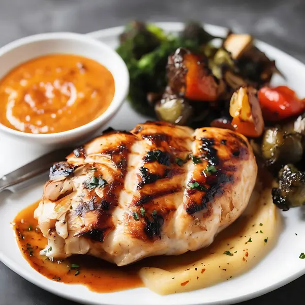 Mükemmel ızgara tavuk göğsü, kızarmış sebzeler ve keskin soslu.