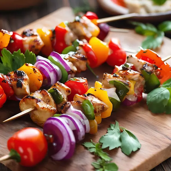 Bell Peppers, soğan ve vişneli domatesli ızgara tavuk şişi.