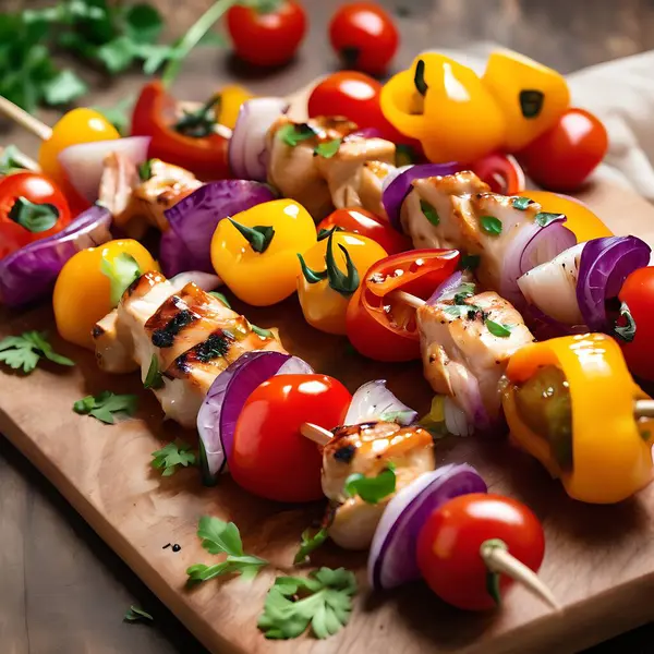 Bell Peppers, soğan ve vişneli domatesli ızgara tavuk şişi.