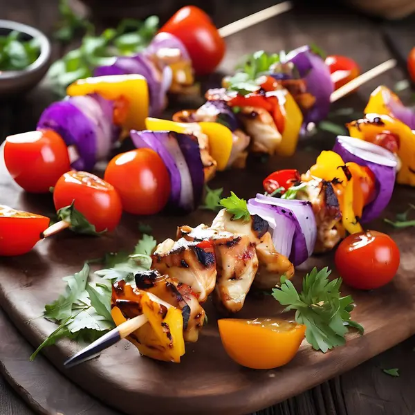 Bell Peppers, soğan ve vişneli domatesli ızgara tavuk şişi.