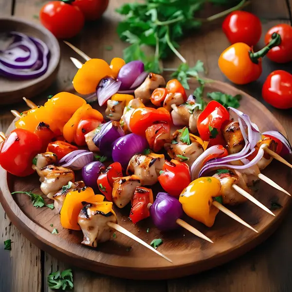 Bell Peppers, soğan ve vişneli domatesli ızgara tavuk şişi.