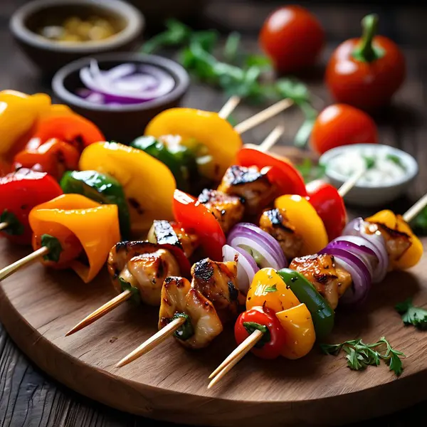 Bell Peppers, soğan ve vişneli domatesli ızgara tavuk şişi.