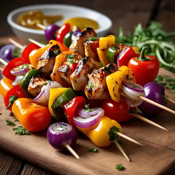 Bell Peppers, soğan ve vişneli domatesli ızgara tavuk şişi.