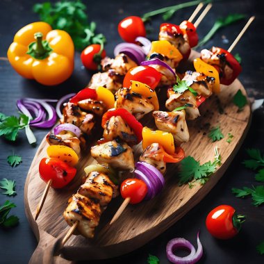 Bell Peppers, soğan ve vişneli domatesli ızgara tavuk şişi.