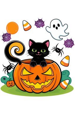 Cadılar bayramı tişörtü balkabaklı siyah kedi