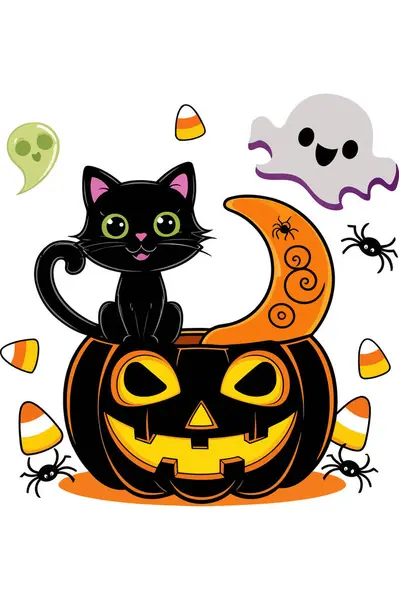 Cadılar bayramı tişörtü balkabaklı siyah kedi