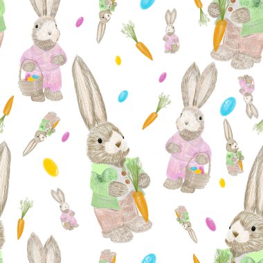 Pastel kalemler, tavşanlı, havuçlu ve renkli yumurtalı kusursuz desenli karikatürler. - Çocuklar için. Mutlu Paskalyalar. Tekstil geçmişi, basılabilir, tebrikler..