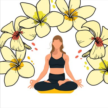 Meçhul kadın yoga egzersizleri yapıyor, Lotus pozisyonunda Plumeria, Frangipani ile meditasyon yapıyor. Doğaüstü yogalar günü