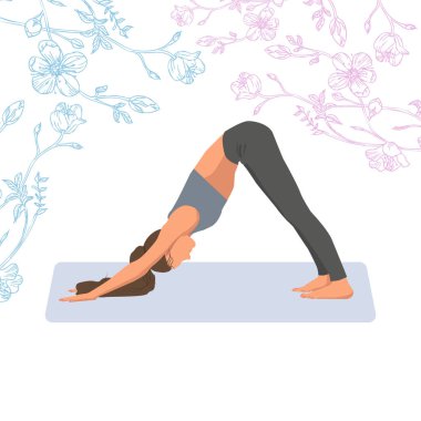 Meçhul kadın yoga egzersizleri yapıyor, meditasyon yapıyor köpek pozu veriyor, kiraz çiçekleri, yoga günü.