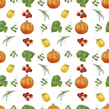 Sonbahar sebzeleri, beyazda izole edilmiş suluboya desenleri hasat eder. Çiftlik bitkilerinin şablonu kırsal çiftlik tasarımı. Portakal kabağı, dolma biber ve yeşil yapraklı kiraz domatesleri.