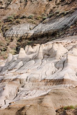 Drumheller, Alberta 'nın 10 numaralı otobanının hemen dışındaki Willow Creek Serserileri. Güzel kum taşı sütunları, bazıları kayalık, yatay ve dikey biçimde yakalanmış. Çekim Tarihi: 28 Eylül 2024.