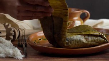 Latin kadın Jarocho tamale 'yi domuz eti ve kırmızı sosla açıyor, Meksika yemeği.