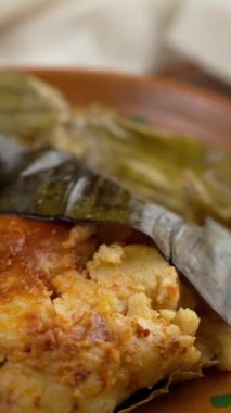 Dikey yemek videosu, domuz eti ve muz yaprağıyla sarılmış kırmızı soslu Jarocho tamal.