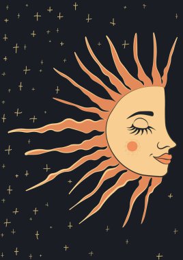 Dolgun dudakları ve kapalı gözleri olan Güneş 'in biçimlendirilmiş halk tasarımı, basit, çapraz şekilli yıldızlarla süslenmiş karanlık bir arka planda uzun ışınlar yayıyor. A4 posterleri için