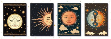 Mistik bir atmosferi ve folklordan esinlenilmiş motifleri olan biçimlendirilmiş güneş ve ay resimlerini içeren eşsiz vektör çizimleri. Her resim A4 format posterleri, kapaklar ve baskılar için idealdir.