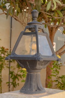 Klasik açık hava feneri, antika bitişi ve filaman ampulü, yemyeşil bir bahçede sıcak bir parıltı yaratır. Samimi, sade estetik ve zamansız açık hava dekorasyonu için mükemmel..