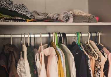 Şık giyimli ve aksesuarlı iyi organize edilmiş bir dolap. Günlük moda ihtiyaçları için dağınıklıktan arınmış ve görsel olarak çekici bir gardırop.