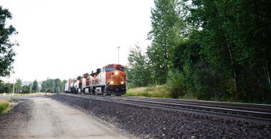 Parlak turuncu bir lokomotif, yeşil ormandan ve açık kırsaldan geçen uzun bir yük trenine önderlik ediyor.